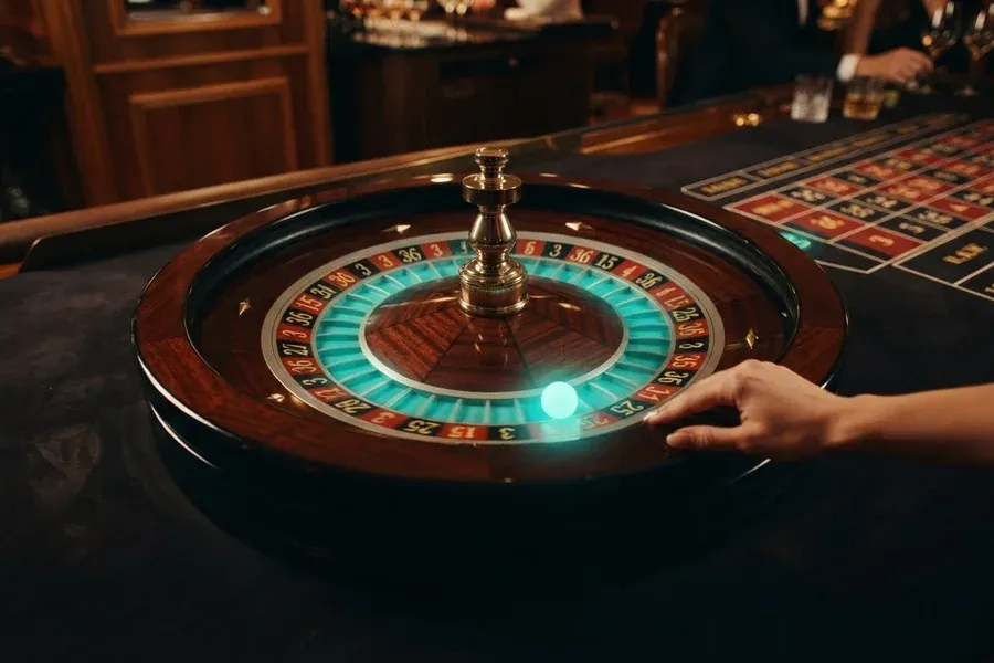A hand rests beside a roulette wheel with numbered pockets and a glowing green light.