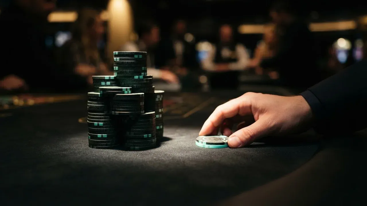 A hand reaches for a poker chip beside stacks of chips on a dark table.