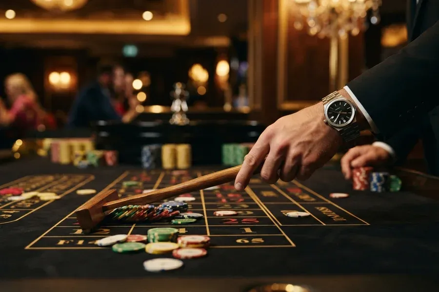 A hand wearing a wristwatch moves a wooden stick across a casino table scattered with colorful chips.