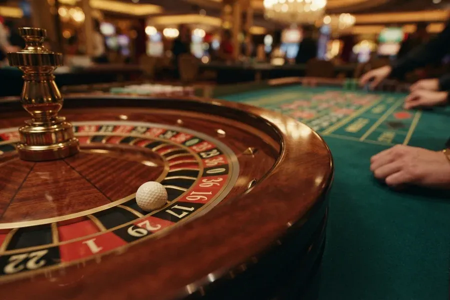 A roulette ball rests on the wheel beside a green gaming table and players' hands.