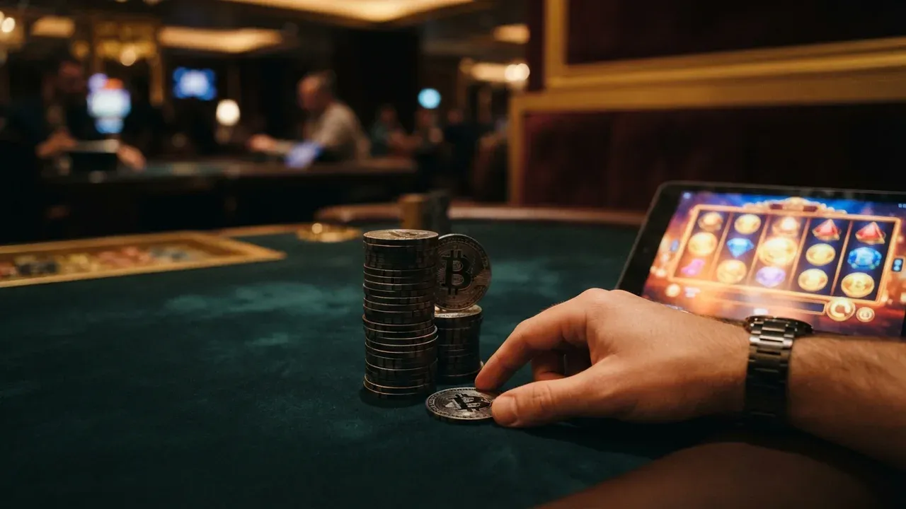 A hand rests beside stacked casino chips and a coin on a green table, with a colorful gaming screen nearby.