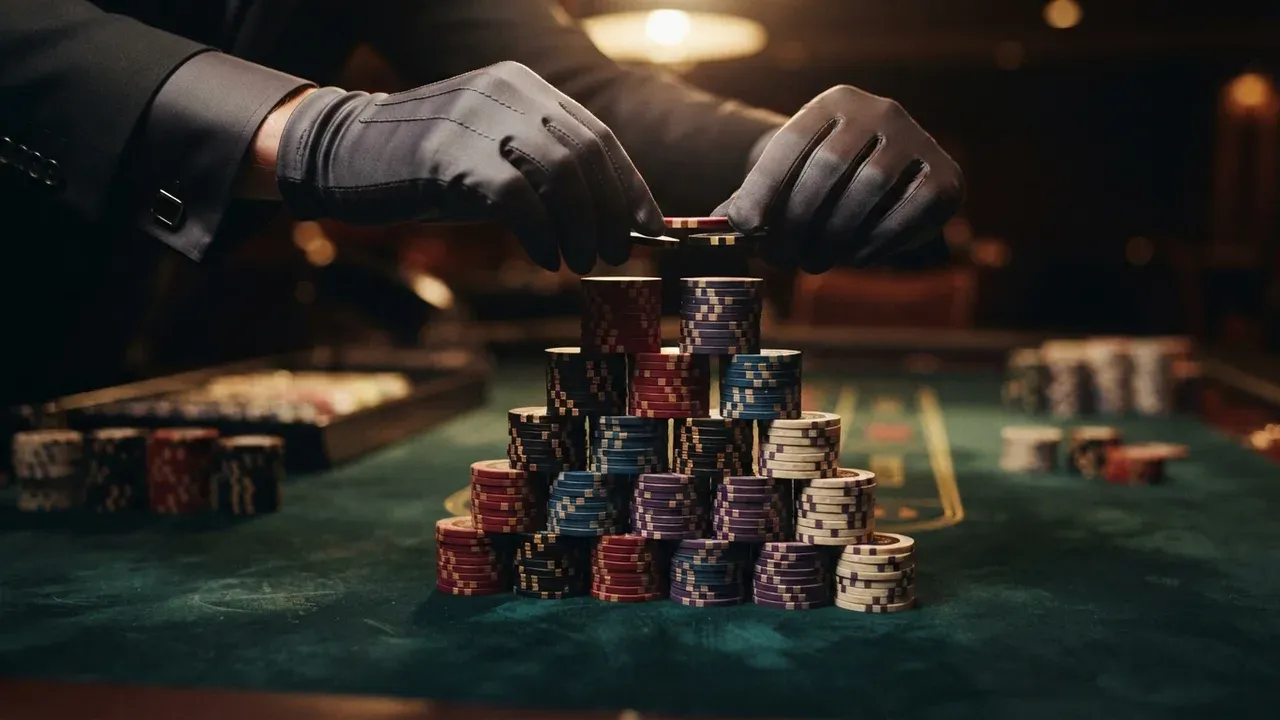 Gloved hands hover over stacks of colorful poker chips on a green table.